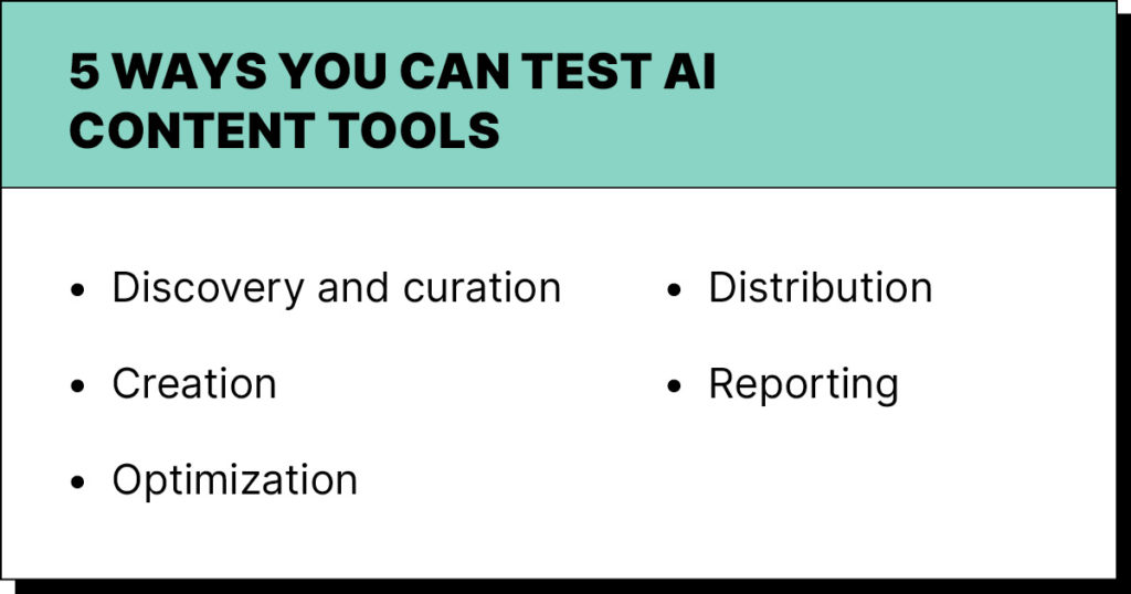 5 Ways You Can Test AI Content Tools: Discovery and curation, creation, optimization, distribution, reporting